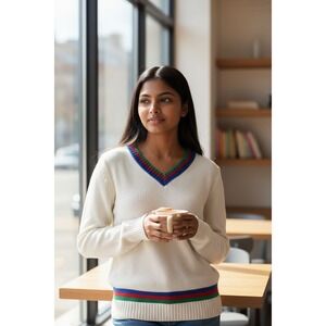 POL V-Neck Sweater, Cream with Multicolor Neckline  M